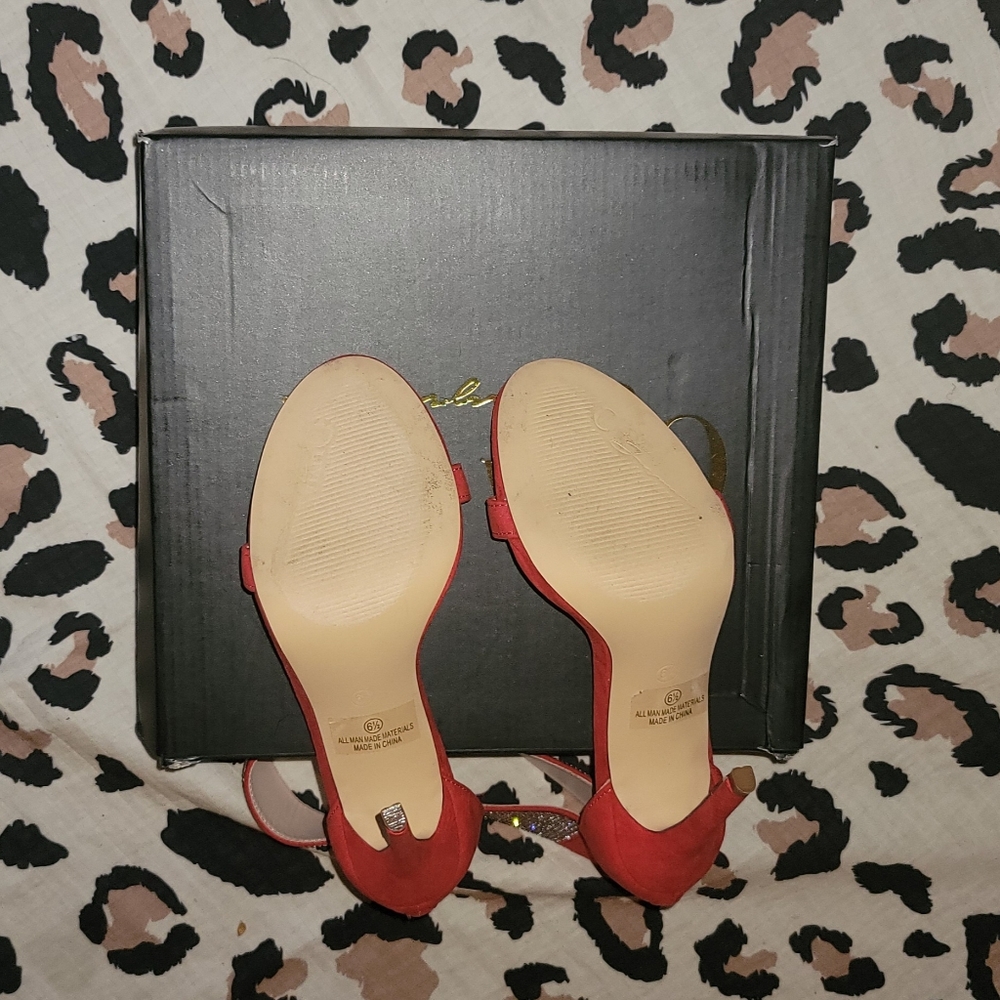 Cleo Red Suede Stiletto w/rhinestone strap. - Picture 6 of 6